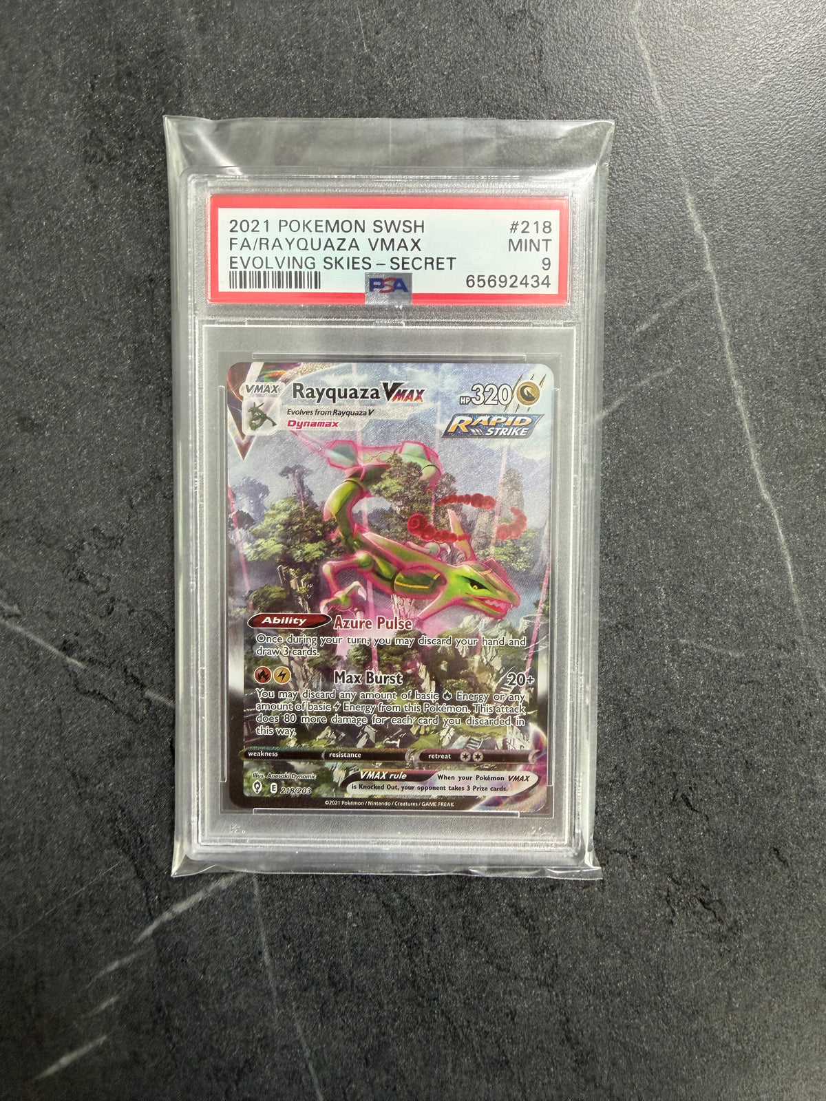 Rayquaza VMAX 218/203 Alternate Art Secret Rare – PSA 9 – Evolving Skies – Pokémon ENG