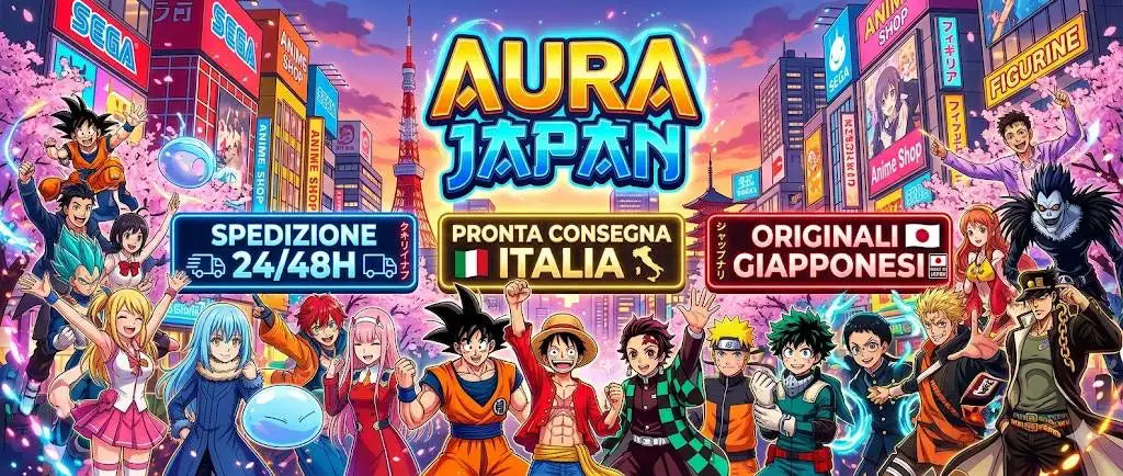 Insegna promozionale Aurora Japan con personaggi anime vibranti in outfit colorati sullo sfondo di una città illuminata al neon.